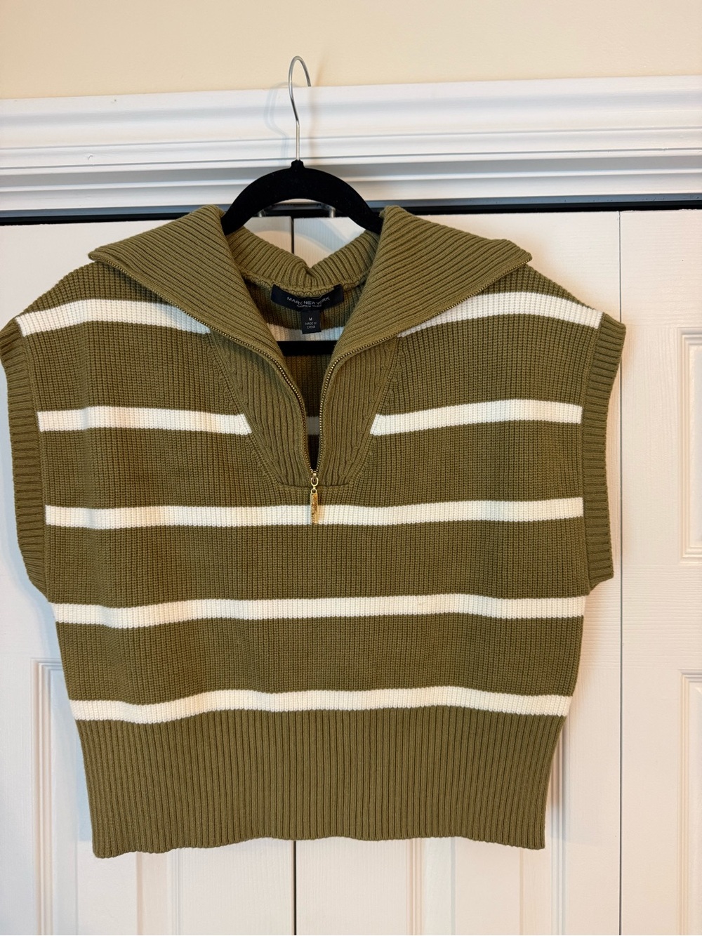 Marc New York Olive Green & White Striped Zip-Knit Sweater Vest